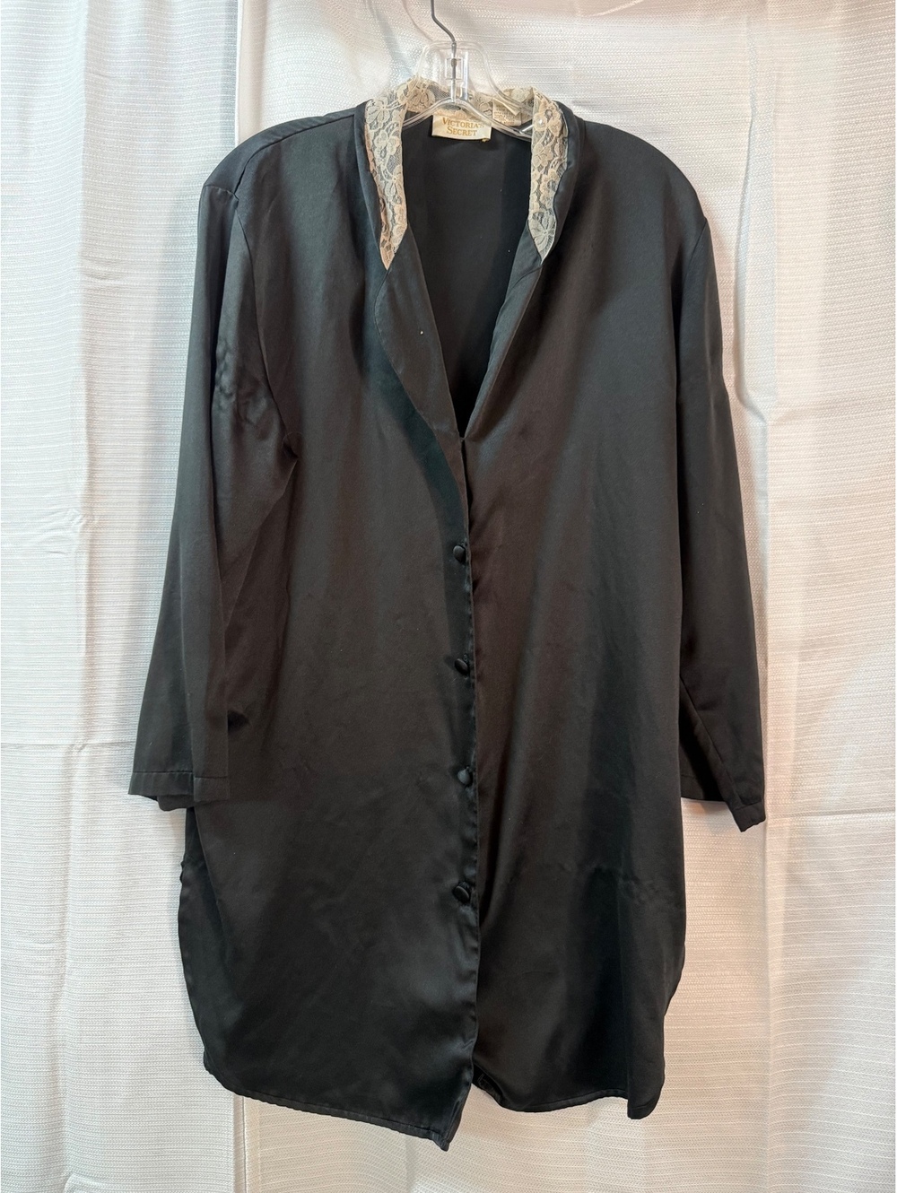 Victoria's Secret Black Satin Robe with Lace Collar, Size P/S